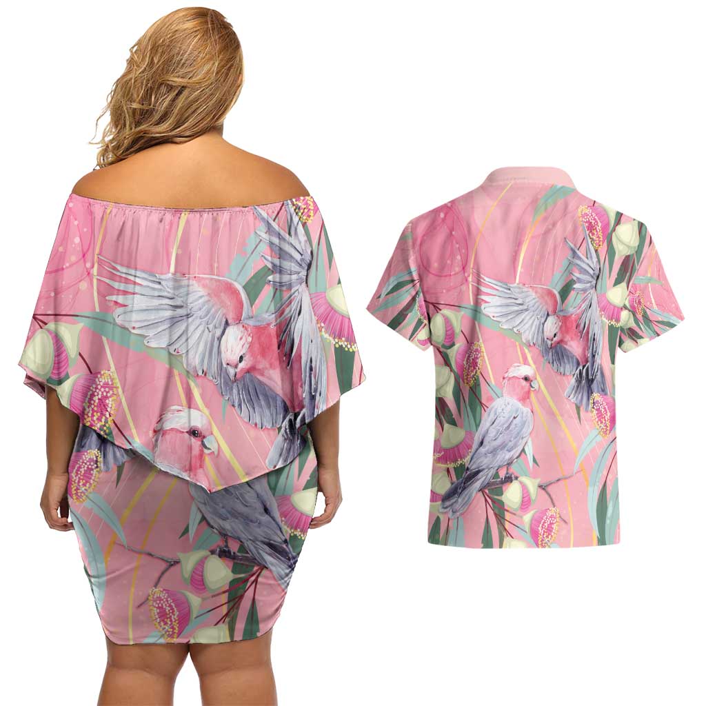 Australia Breast Cancer Awareness Couples Matching Off Shoulder Short Dress and Hawaiian Shirt Pink Galah with Eucalyptus Flowers - Aussie Hoodie