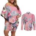 Australia Breast Cancer Awareness Couples Matching Off Shoulder Short Dress and Long Sleeve Button Shirt Pink Galah with Eucalyptus Flowers - Aussie Hoodie