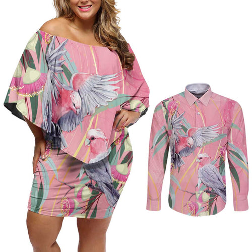 Australia Breast Cancer Awareness Couples Matching Off Shoulder Short Dress and Long Sleeve Button Shirt Pink Galah with Eucalyptus Flowers - Aussie Hoodie