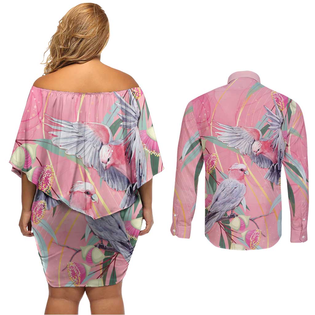 Australia Breast Cancer Awareness Couples Matching Off Shoulder Short Dress and Long Sleeve Button Shirt Pink Galah with Eucalyptus Flowers - Aussie Hoodie