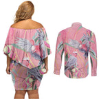 Australia Breast Cancer Awareness Couples Matching Off Shoulder Short Dress and Long Sleeve Button Shirt Pink Galah with Eucalyptus Flowers - Aussie Hoodie