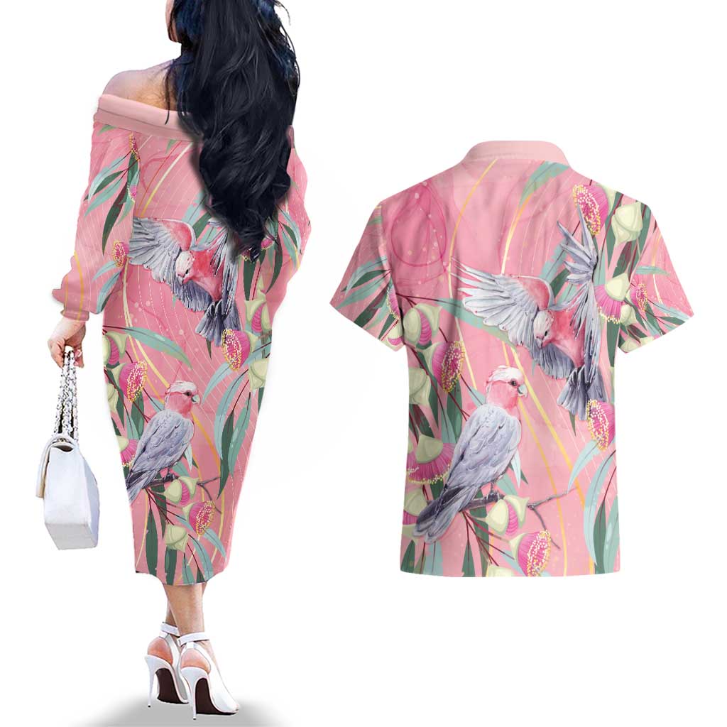 Australia Breast Cancer Awareness Couples Matching Off The Shoulder Long Sleeve Dress and Hawaiian Shirt Pink Galah with Eucalyptus Flowers - Aussie Hoodie