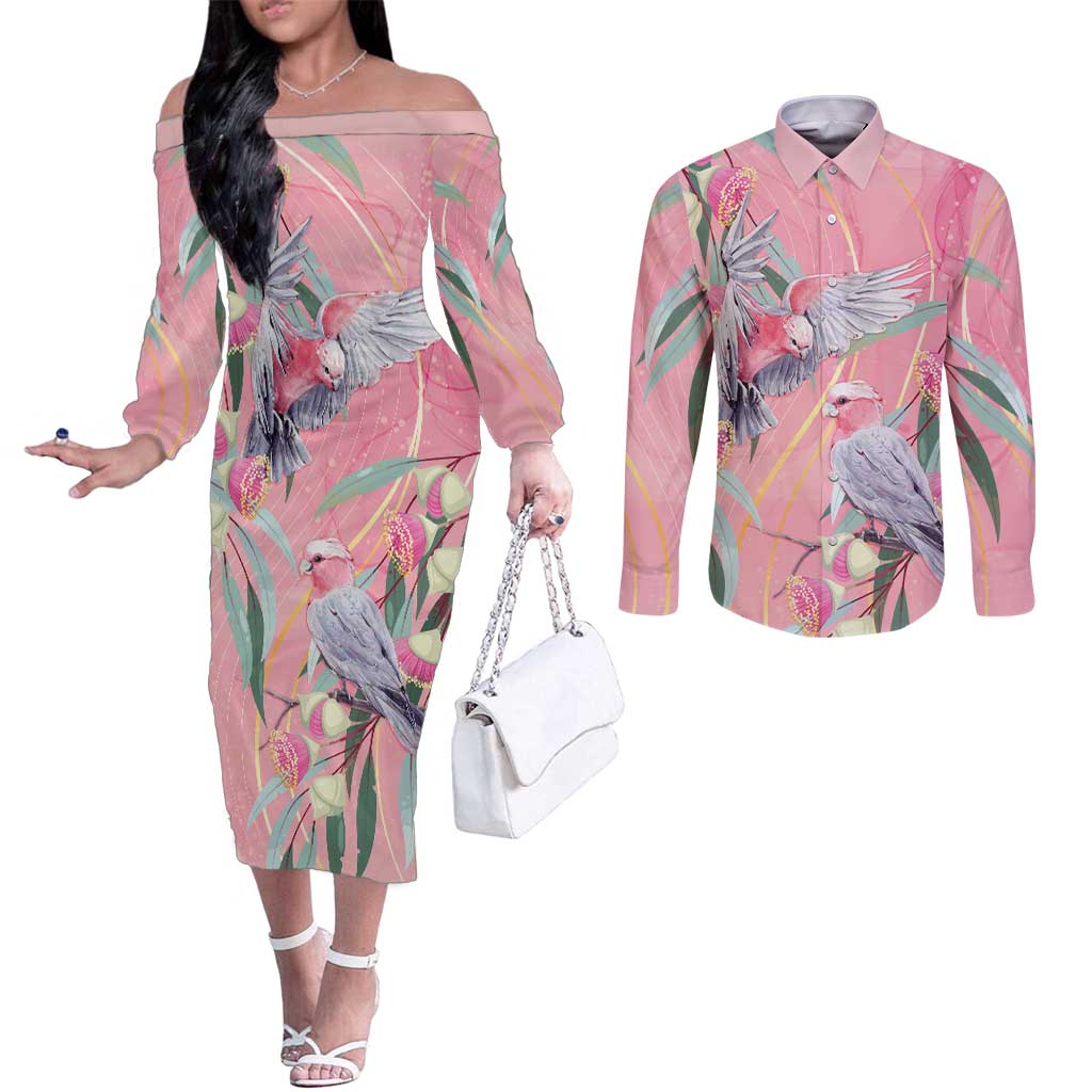 Australia Breast Cancer Awareness Couples Matching Off The Shoulder Long Sleeve Dress and Long Sleeve Button Shirt Pink Galah with Eucalyptus Flowers - Aussie Hoodie