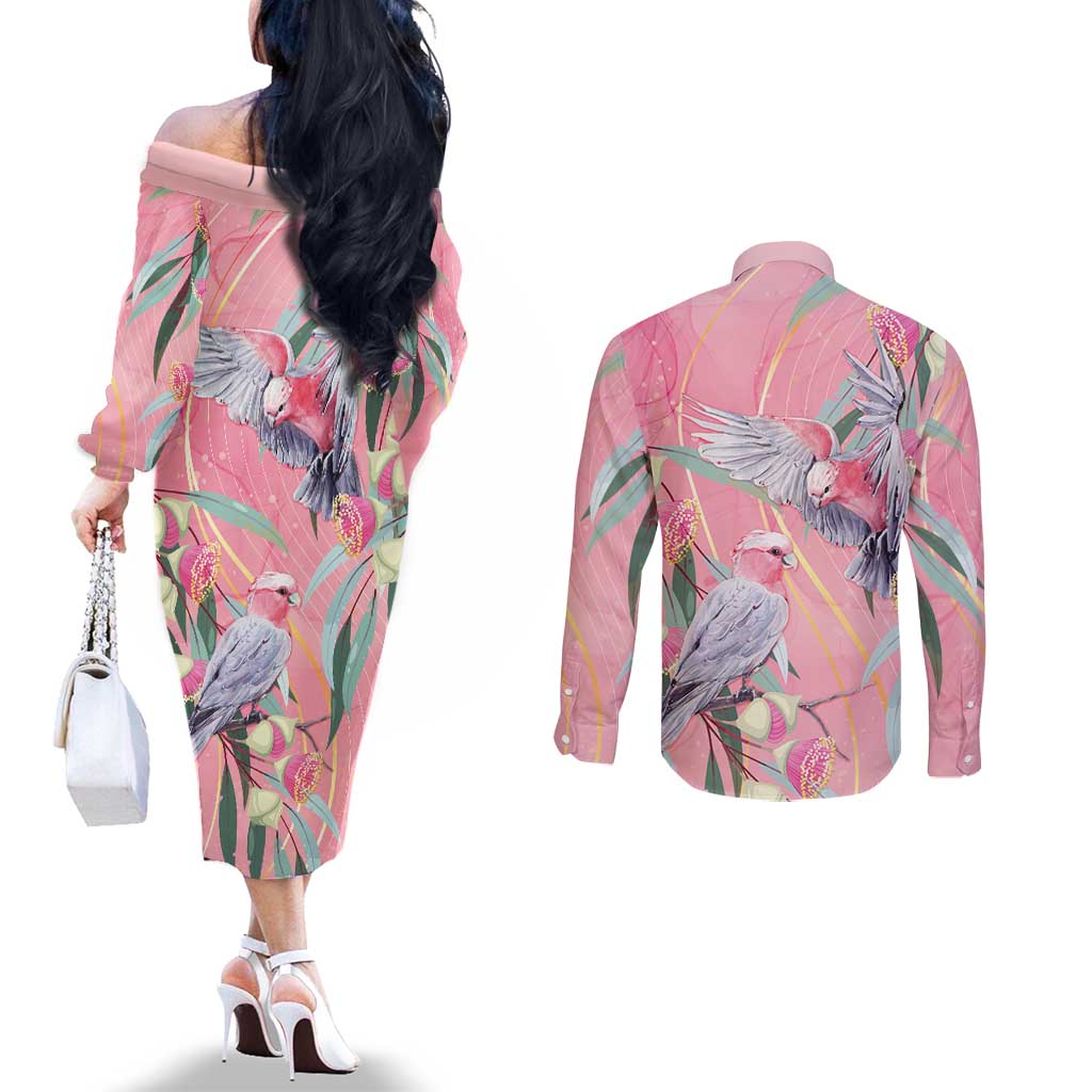 Australia Breast Cancer Awareness Couples Matching Off The Shoulder Long Sleeve Dress and Long Sleeve Button Shirt Pink Galah with Eucalyptus Flowers - Aussie Hoodie