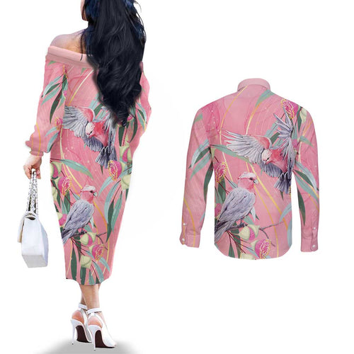 Australia Breast Cancer Awareness Couples Matching Off The Shoulder Long Sleeve Dress and Long Sleeve Button Shirt Pink Galah with Eucalyptus Flowers - Aussie Hoodie