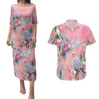 Australia Breast Cancer Awareness Couples Matching Puletasi and Hawaiian Shirt Pink Galah with Eucalyptus Flowers - Aussie Hoodie