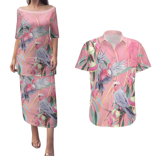 Australia Breast Cancer Awareness Couples Matching Puletasi and Hawaiian Shirt Pink Galah with Eucalyptus Flowers - Aussie Hoodie