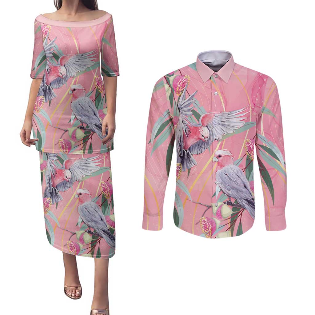 Australia Breast Cancer Awareness Couples Matching Puletasi and Long Sleeve Button Shirt Pink Galah with Eucalyptus Flowers - Aussie Hoodie