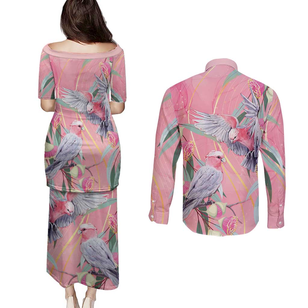 Australia Breast Cancer Awareness Couples Matching Puletasi and Long Sleeve Button Shirt Pink Galah with Eucalyptus Flowers - Aussie Hoodie