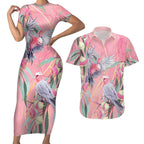 Australia Breast Cancer Awareness Couples Matching Short Sleeve Bodycon Dress and Hawaiian Shirt Pink Galah with Eucalyptus Flowers - Aussie Hoodie