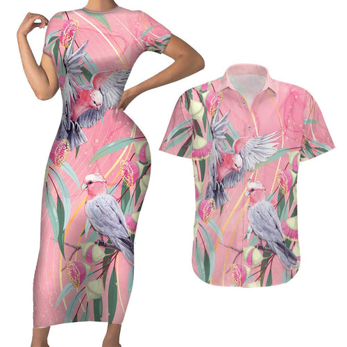 Australia Breast Cancer Awareness Couples Matching Short Sleeve Bodycon Dress and Hawaiian Shirt Pink Galah with Eucalyptus Flowers - Aussie Hoodie