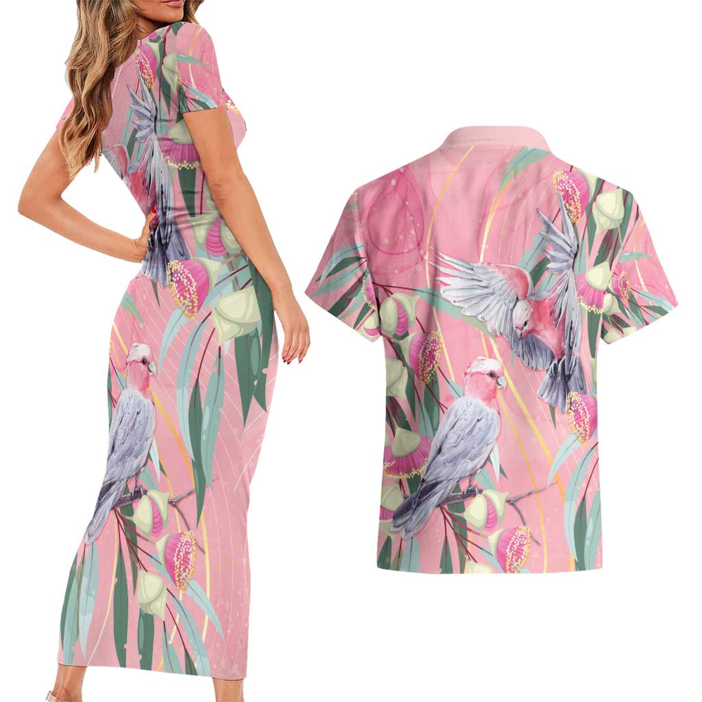 Australia Breast Cancer Awareness Couples Matching Short Sleeve Bodycon Dress and Hawaiian Shirt Pink Galah with Eucalyptus Flowers - Aussie Hoodie