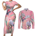 Australia Breast Cancer Awareness Couples Matching Short Sleeve Bodycon Dress and Long Sleeve Button Shirt Pink Galah with Eucalyptus Flowers - Aussie Hoodie