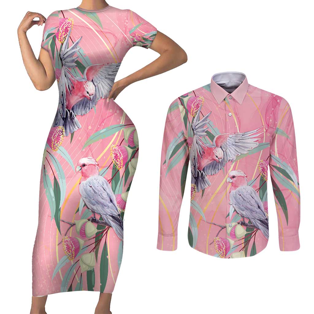 Australia Breast Cancer Awareness Couples Matching Short Sleeve Bodycon Dress and Long Sleeve Button Shirt Pink Galah with Eucalyptus Flowers - Aussie Hoodie