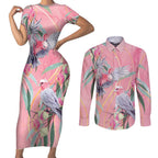 Australia Breast Cancer Awareness Couples Matching Short Sleeve Bodycon Dress and Long Sleeve Button Shirt Pink Galah with Eucalyptus Flowers - Aussie Hoodie