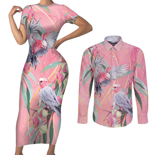 Australia Breast Cancer Awareness Couples Matching Short Sleeve Bodycon Dress and Long Sleeve Button Shirt Pink Galah with Eucalyptus Flowers - Aussie Hoodie