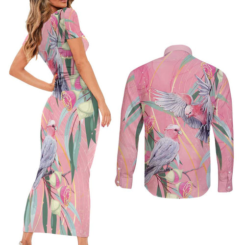 Australia Breast Cancer Awareness Couples Matching Short Sleeve Bodycon Dress and Long Sleeve Button Shirt Pink Galah with Eucalyptus Flowers - Aussie Hoodie