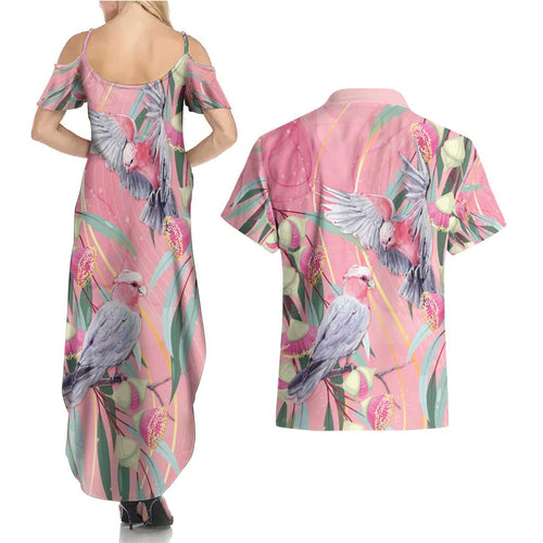 Australia Breast Cancer Awareness Couples Matching Summer Maxi Dress and Hawaiian Shirt Pink Galah with Eucalyptus Flowers - Aussie Hoodie