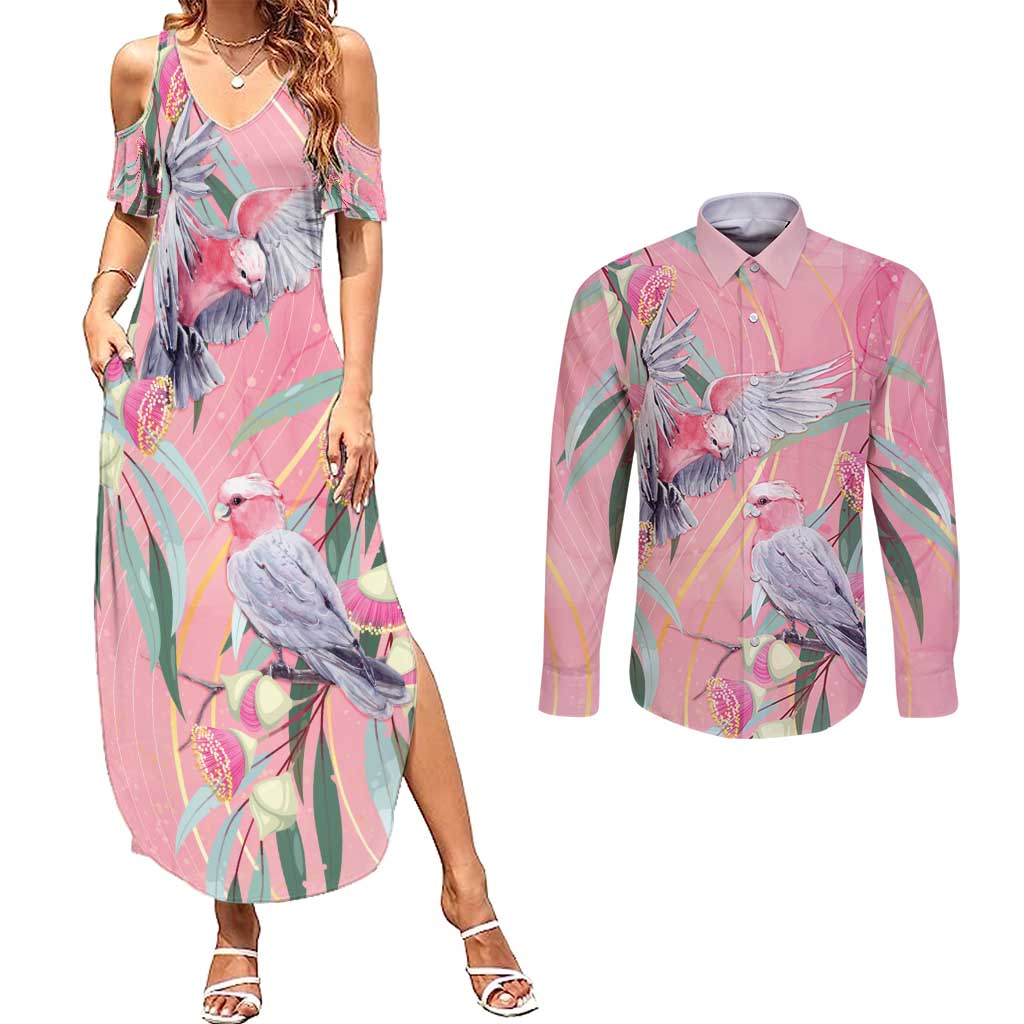 Australia Breast Cancer Awareness Couples Matching Summer Maxi Dress and Long Sleeve Button Shirt Pink Galah with Eucalyptus Flowers - Aussie Hoodie