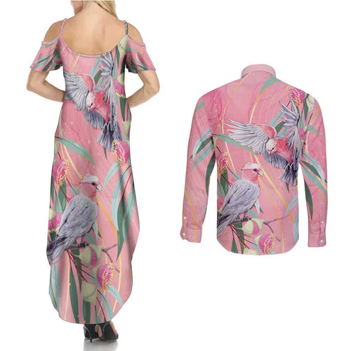 Australia Breast Cancer Awareness Couples Matching Summer Maxi Dress and Long Sleeve Button Shirt Pink Galah with Eucalyptus Flowers - Aussie Hoodie