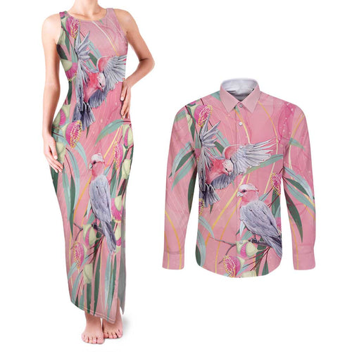 Australia Breast Cancer Awareness Couples Matching Tank Maxi Dress and Long Sleeve Button Shirt Pink Galah with Eucalyptus Flowers - Aussie Hoodie