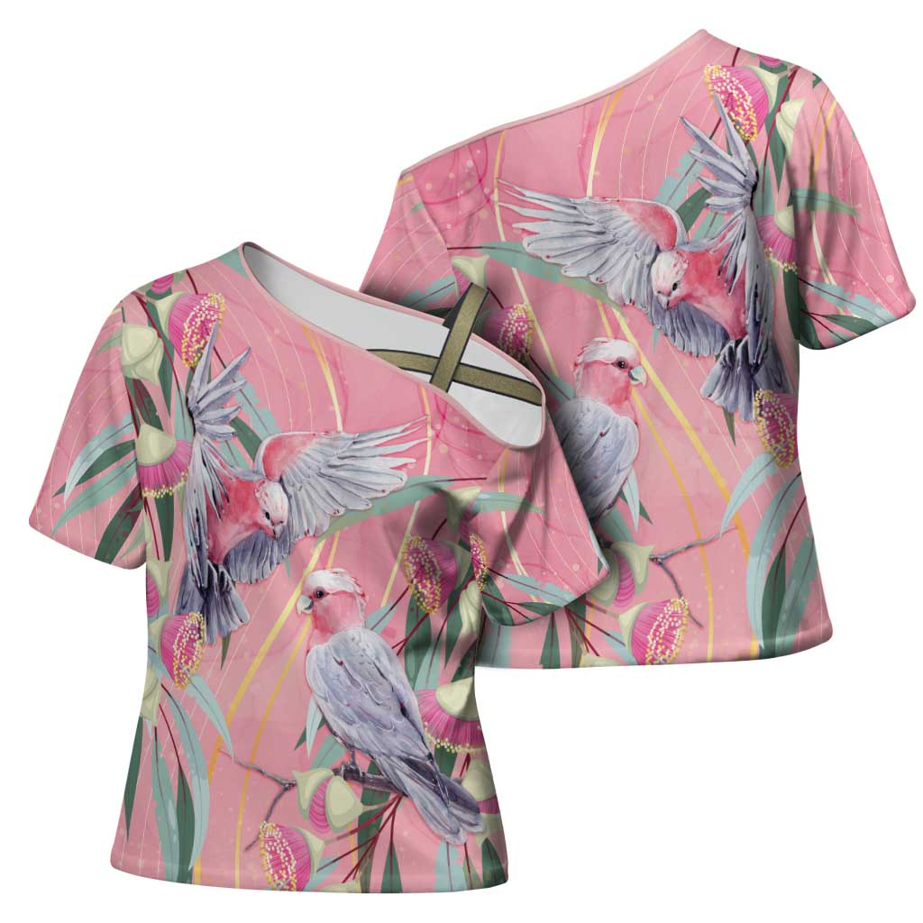 Australia Breast Cancer Awareness Cross Shoulder Shirt Pink Galah with Eucalyptus Flowers - Aussie Hoodie