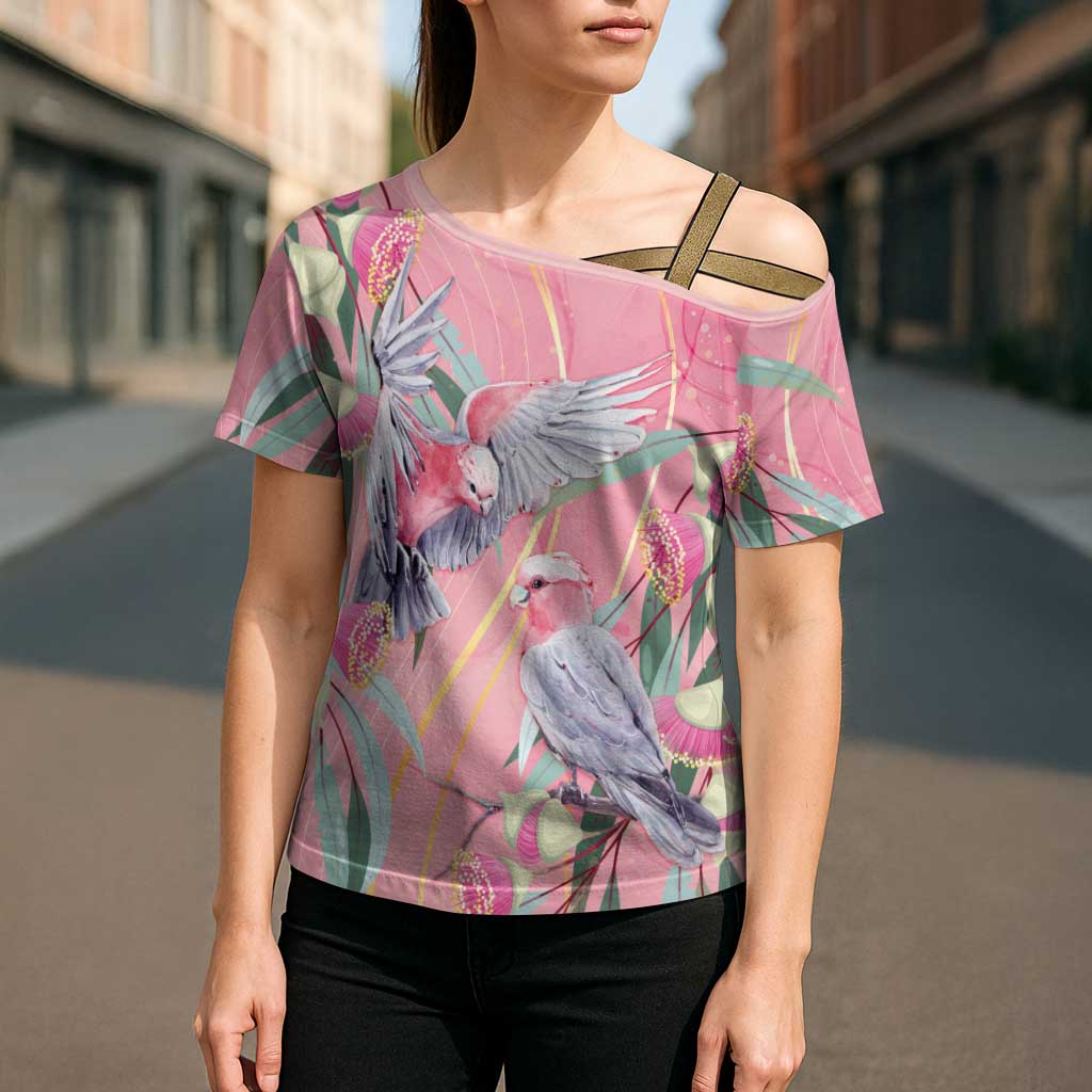 Australia Breast Cancer Awareness Cross Shoulder Shirt Pink Galah with Eucalyptus Flowers - Aussie Hoodie