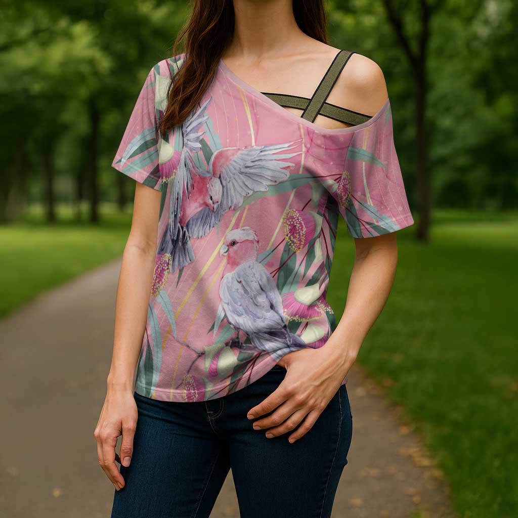Australia Breast Cancer Awareness Cross Shoulder Shirt Pink Galah with Eucalyptus Flowers - Aussie Hoodie
