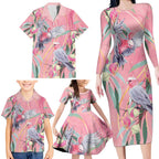 Australia Breast Cancer Awareness Family Matching Long Sleeve Bodycon Dress and Hawaiian Shirt Pink Galah with Eucalyptus Flowers - Aussie Hoodie