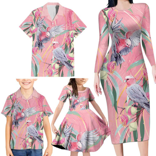 Australia Breast Cancer Awareness Family Matching Long Sleeve Bodycon Dress and Hawaiian Shirt Pink Galah with Eucalyptus Flowers - Aussie Hoodie