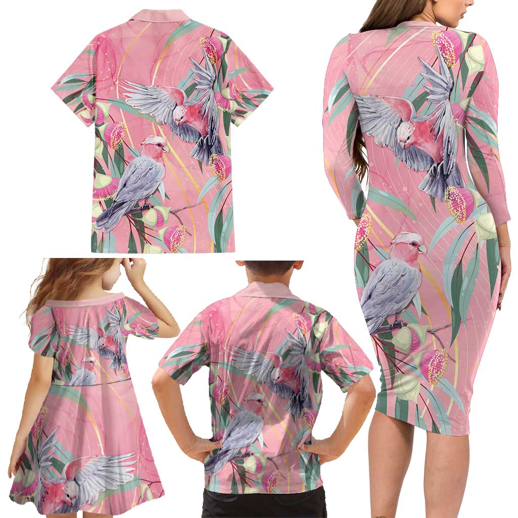 Australia Breast Cancer Awareness Family Matching Long Sleeve Bodycon Dress and Hawaiian Shirt Pink Galah with Eucalyptus Flowers - Aussie Hoodie