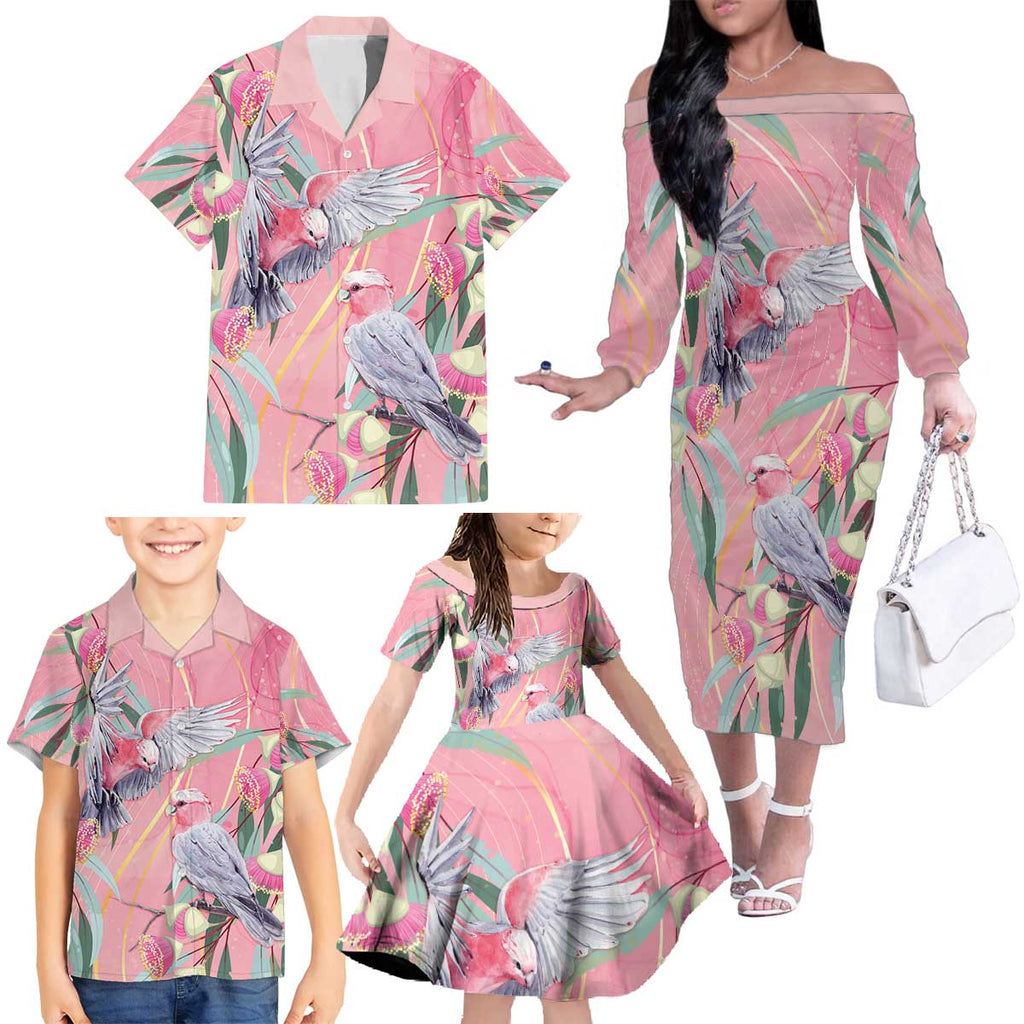 Australia Breast Cancer Awareness Family Matching Off The Shoulder Long Sleeve Dress and Hawaiian Shirt Pink Galah with Eucalyptus Flowers - Aussie Hoodie