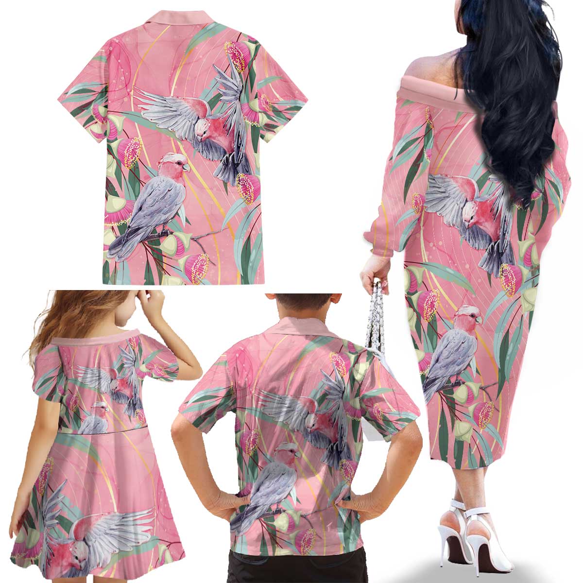 Australia Breast Cancer Awareness Family Matching Off The Shoulder Long Sleeve Dress and Hawaiian Shirt Pink Galah with Eucalyptus Flowers - Aussie Hoodie