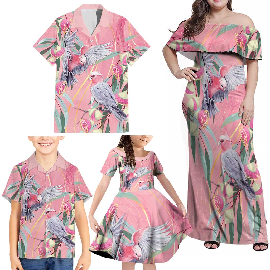 Australia Breast Cancer Awareness Family Matching Off Shoulder Maxi Dress and Hawaiian Shirt Pink Galah with Eucalyptus Flowers - Aussie Hoodie