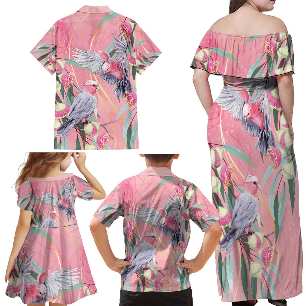 Australia Breast Cancer Awareness Family Matching Off Shoulder Maxi Dress and Hawaiian Shirt Pink Galah with Eucalyptus Flowers - Aussie Hoodie