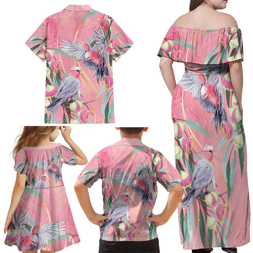 Australia Breast Cancer Awareness Family Matching Off Shoulder Maxi Dress and Hawaiian Shirt Pink Galah with Eucalyptus Flowers - Aussie Hoodie
