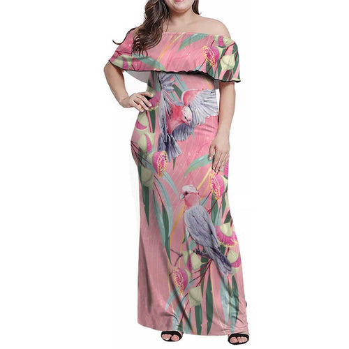 Australia Breast Cancer Awareness Family Matching Off Shoulder Maxi Dress and Hawaiian Shirt Pink Galah with Eucalyptus Flowers - Aussie Hoodie