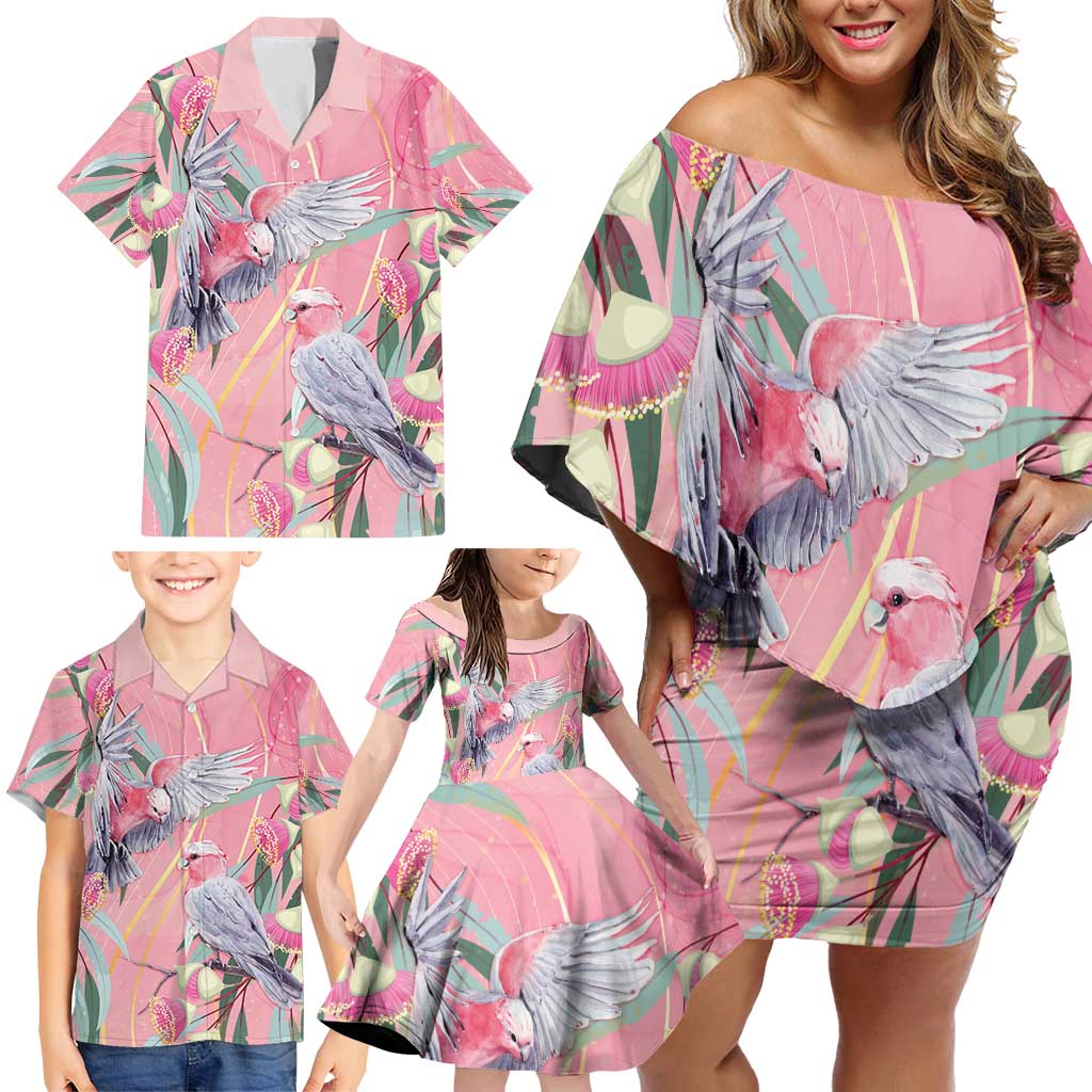 Australia Breast Cancer Awareness Family Matching Off Shoulder Short Dress and Hawaiian Shirt Pink Galah with Eucalyptus Flowers - Aussie Hoodie