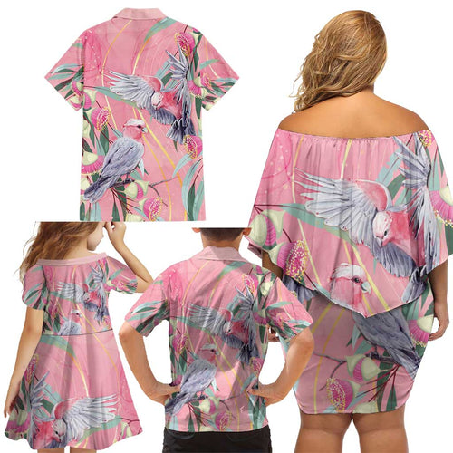 Australia Breast Cancer Awareness Family Matching Off Shoulder Short Dress and Hawaiian Shirt Pink Galah with Eucalyptus Flowers - Aussie Hoodie