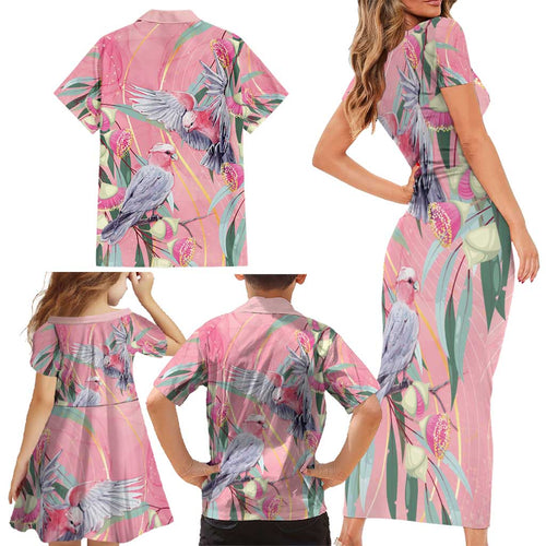 Australia Breast Cancer Awareness Family Matching Short Sleeve Bodycon Dress and Hawaiian Shirt Pink Galah with Eucalyptus Flowers - Aussie Hoodie