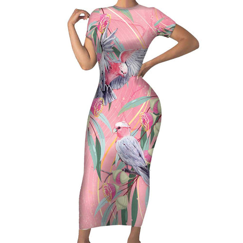 Australia Breast Cancer Awareness Family Matching Short Sleeve Bodycon Dress and Hawaiian Shirt Pink Galah with Eucalyptus Flowers - Aussie Hoodie