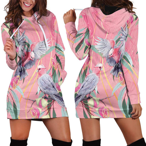 Australia Breast Cancer Awareness Hoodie Dress Pink Galah with Eucalyptus Flowers - Aussie Hoodie