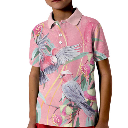 Australia Breast Cancer Awareness Kid Polo Shirt Pink Galah with Eucalyptus Flowers - Aussie Hoodie