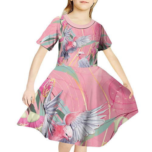 Australia Breast Cancer Awareness Kid Short Sleeve Dress Pink Galah with Eucalyptus Flowers - Aussie Hoodie
