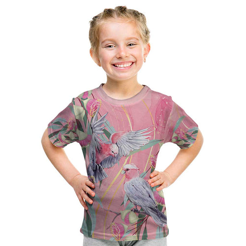 Australia Breast Cancer Awareness Kid T Shirt Pink Galah with Eucalyptus Flowers - Aussie Hoodie