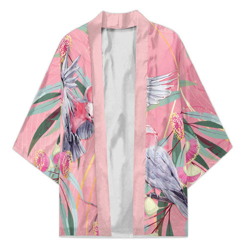 Australia Breast Cancer Awareness Kimono Pink Galah with Eucalyptus Flowers - Aussie Hoodie