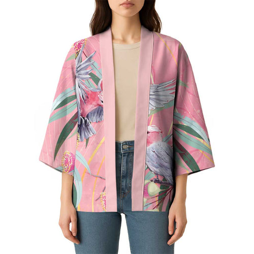 Australia Breast Cancer Awareness Kimono Pink Galah with Eucalyptus Flowers - Aussie Hoodie