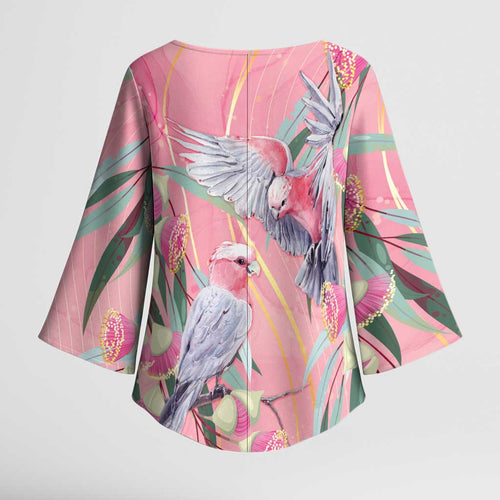 Australia Breast Cancer Awareness Kimono Sleeve Blouse Pink Galah with Eucalyptus Flowers - Aussie Hoodie