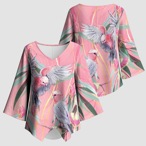 Australia Breast Cancer Awareness Kimono Sleeve Blouse Pink Galah with Eucalyptus Flowers - Aussie Hoodie