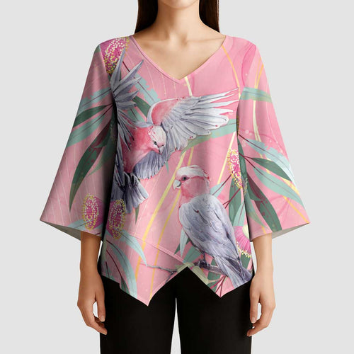 Australia Breast Cancer Awareness Kimono Sleeve Blouse Pink Galah with Eucalyptus Flowers - Aussie Hoodie